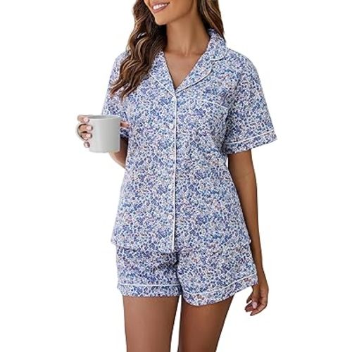 LUBOT 100% Cotton Pajamas for Women PJ Set Button-Down 2PC Two Piece Soft Short Sleeve Summer Sleepwear Loungewear S-XXL