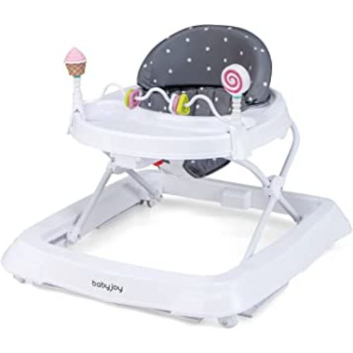 BABY JOY Baby Walker, Foldable Activity Walker Helper with Adjustable Height, Baby Activity Walker with High Back Padded Seat & Bear Toys (Gray, Star Pattern)