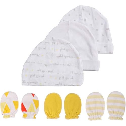 Newborn Baby Soft Cotton Organic Cap and Mitten Set Sunny Hats for Hospital Baby Boy and Girl(0-6 Months)