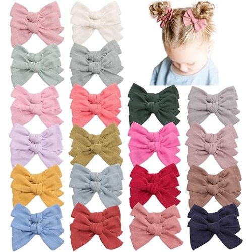 40Pcs 3.5Inch Hair Bows Clips for Baby Girls, Oaoleer Neutral Linen Pigtail Bows Double Bun Ponytail Bow Hair Barrettes Accessories for Babies Infant Toddlers Kids in Pairs