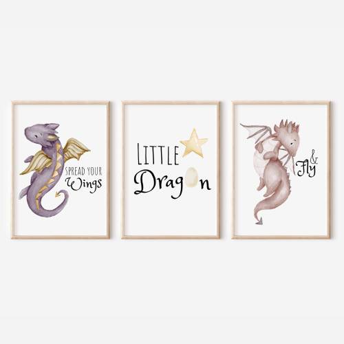 Dragon Watercolor Print Set of 3 for a Dragon Nursery or Fantasy Boy and Girl Room. Cute Flying Baby Dragons. Mystical Decor Print for Baby
