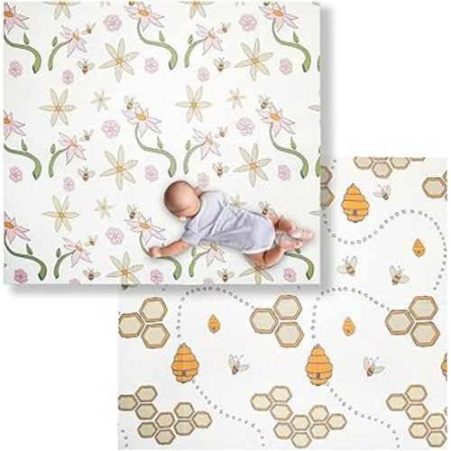 Extra-Large Baby Play Mat for Floors: Waterproof, Anti-Slip, Reversible, Foam Mat for Safe Indoor & Outdoor Play. (79'' x 71'' x 0.4''), Flowers and Bees