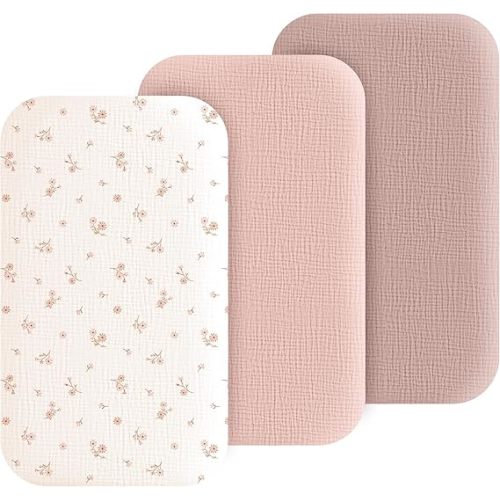 Muslin Bedside Sleeper Bassinet Fitted Sheets, 3 Pack Cotton Baby Sheet for Boys & Girls, Soft, Compatible with Baby Delight, Dream On Me, AMKE and Other Rectangle Mattress (Daisy Petal)