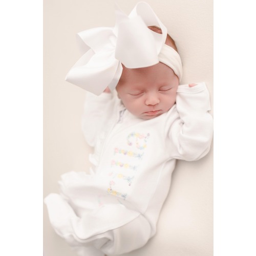 baby girl coming home outfit, monogrammed coming home outfit, sk creations, zip footie, ruffle outfit,floral