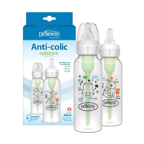 Dr. Brown's Anti-Colic Options+ Narrow-Neck Baby Bottle - Pig & Frog Deco - 8 fl oz/2pk