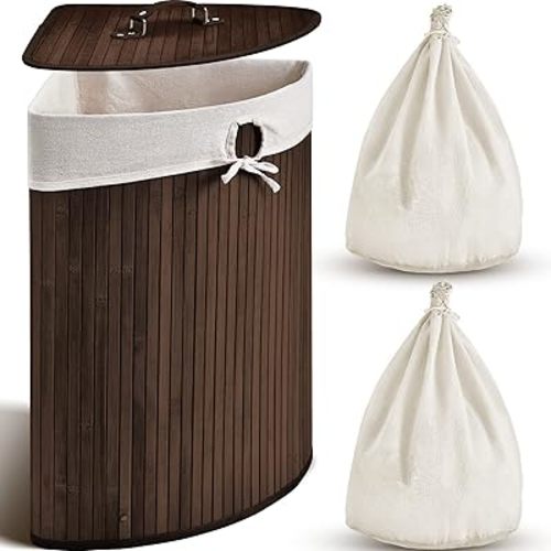 Gueevin Corner Bamboo Laundry Hamper with Lid and Removable Liner Corner Bamboo Laundry Basket with Handle Washing Clothes Basket Storage Bin for Bedroom Bathroom(Brown)