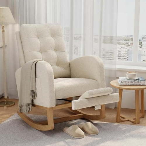 Rocking Chair for Nursery, Upholstered Glider Rocker with High Backrest and Padded Seat, Comfy Accent Armchair with Side Pocket for Bedroom, Living Room, Nursing Room