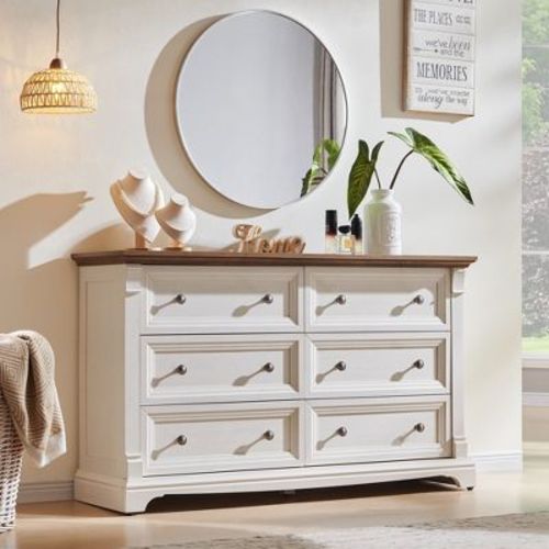 6 Drawer Dresser, 54" W Farmhouse Wooden Dresser with Roman Column for Bedroom Living Room Hallway, White