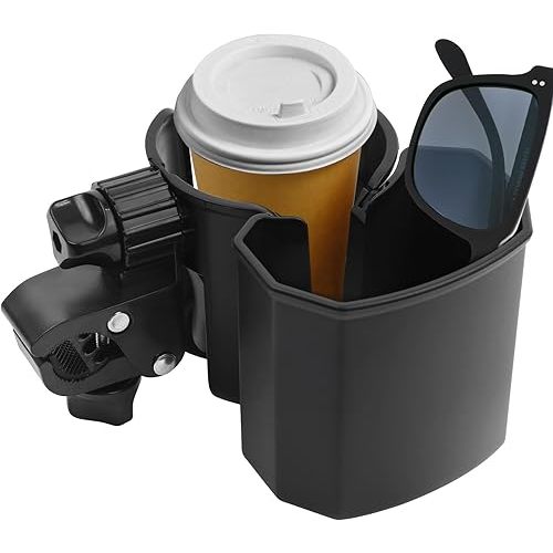 Universal Stroller Cup Holder with Phone Holder, 360° Rotatable Strong Clip, Big Storage Space for Walker, Wheelchair, Stroller, Bike
