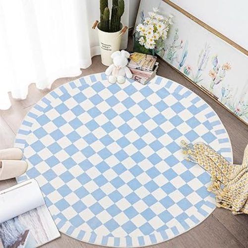 Checkered Rug Carpet 4Ft Round Buffalo Plaid Kids Bedroom Rug Circle Modern Living Room Rug Soft Nonslip Floor Mat Geometric Checkerboard Beside Rug for Home Dorm Decor, Blue