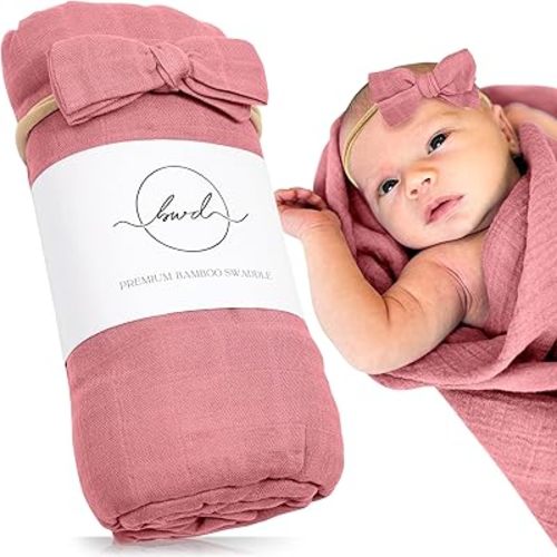 Premium Baby Swaddle Blanket by BWD - Bamboo Viscose & Organic Cotton - Girl Swaddle Set for Newborns and Infants, Muslin Baby Blanket, Ultra-Soft Luxury - 47 Inches (Rosewood)