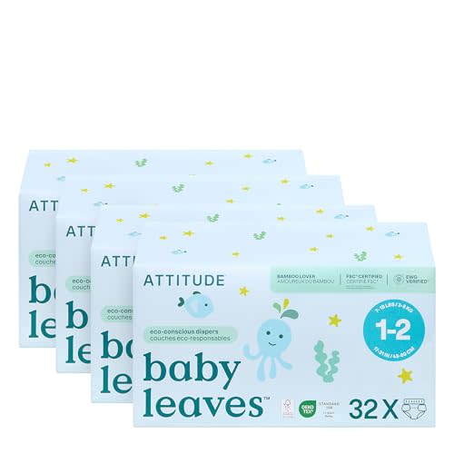 ATTITUDE Eco-Conscious Disposable Diapers, EWG Verified, Size 1/2 (7-17 lbs), Ultra Absorbent for Baby, Vegan & Plant-Based, 32 Count (Pack of 4)