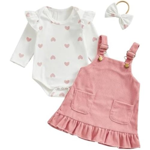 Baby Girl Clothes 2Pcs Suit Long Sleeve Heart Print Romper Tops Dress Headband Spring Summer Skirt Sets