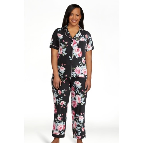Joyspun Women's Dreamy Soft Collection Notch Collar Short Sleeve Knit Top & Capri Pajama Set, 2-Piece, Sizes XS-3X