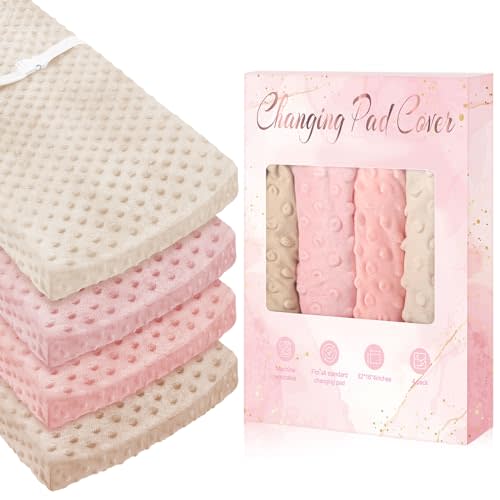 Peryiter 4 Pcs Changing Pad Cover 16 x 32 Inch Ultra Soft Dots Plush Changing Table Covers for Baby Girls and Boys(Pink Series Colors,Flower)