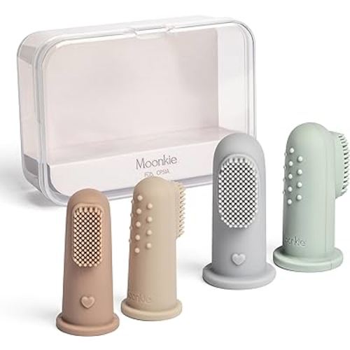 Moonkie Baby Toothbrush Finger Toothbrush Oral Cleaner Kit for 3 Months +, 4 Pcs Small (Sand/Warm Taupe)/Large (Blue/Mint)