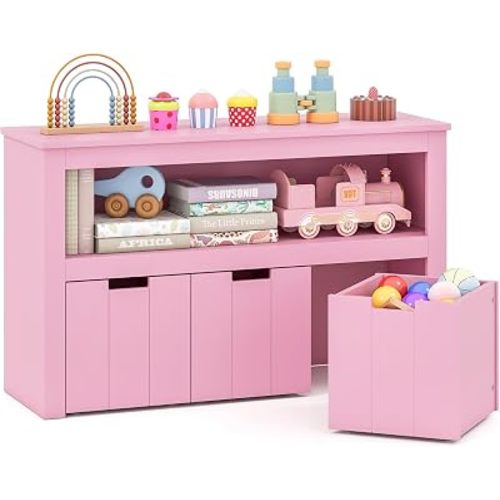 GLACER Toy Storage Organizer, Wooden Pink Toy Box with 3 Movable Drawers