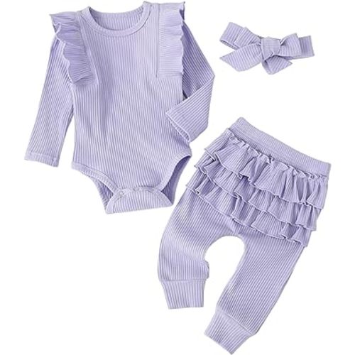 Fullfamous Baby Girl's 3pc Rib Frill Long Sleeve Romper and Pant Set