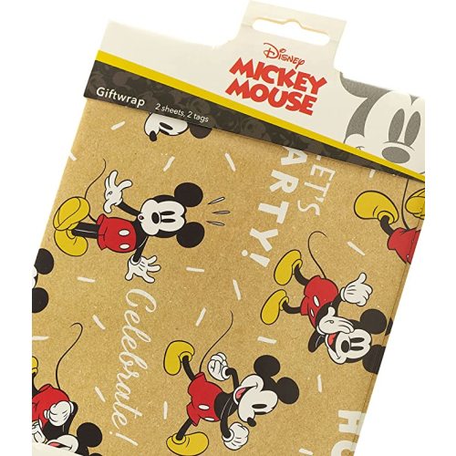 UK Greetings Mickey Mouse Packaged Wrap - Disney Gift Wrap - Sheet Wrap - Birthday Wrapping Paper - Happy Birthday - 2 Sheets and 2 Tags, Multi
