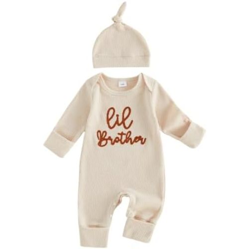 Sejardin Newborn Infant Baby Boy Fall Clothes Waffle Romper Letter Embroidery Long Sleeve Crew Neck Jumpsuit with Hat