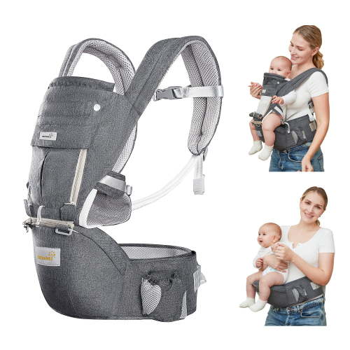 6 in 1 Baby Carrier, Ergonomic Infant Wraps, Backpack Style Hip Seat Carrier for 7-66 lbs Newborn to Toddler - Grey