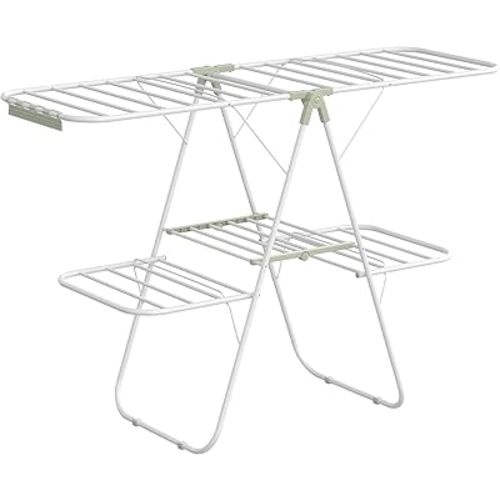 SONGMICS Clothes Drying Rack, Foldable 2-Level Laundry Drying Rack, Free-Standing Laundry Airer, with Height-Adjustable Wings, 33 Drying Rails, Sock Clips, White and Green ULLR053C01V1