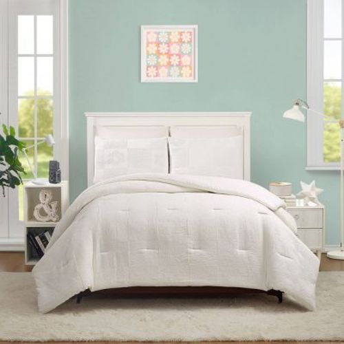 Teen Full/Queen Flower Embossed Comforter Set White - Makers Collective: Jacquard Floral Bedding, OEKO-TEX Certified