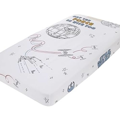 Star Wars May The Force Be with You White, Blue, and Gold Millennium Falcon and Death Star Photo Op Nursery Fitted Crib Sheet