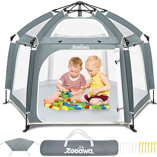 Zooawa Pop Up Playpen for Baby, Portable Playpen for Babies and Toddlers with Removable Sun-Shades& 2 Side UV Covers, Lightweight Outdoor Baby Playpen for Beach Home with Travel Bag,Light Gray