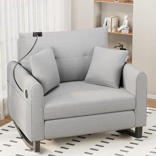 HOMREST Upholstered Oversize Rocking Chair with Adjustable Phone Handle, Nursery Rocking Chair with High Back and Side Pocket USB Port, Double Wide Rocker for Living Room, Bedroom, Nursery, Grey