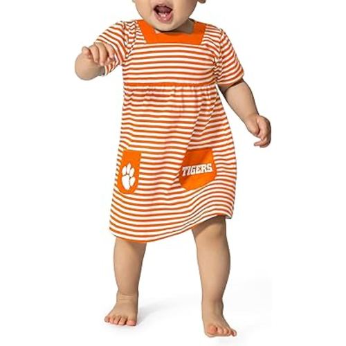 Little King NCAA Infant Girls Short Sleeve Striped Dress with Pockets-100% Cotton-Sizes 6M, 12M and 18M