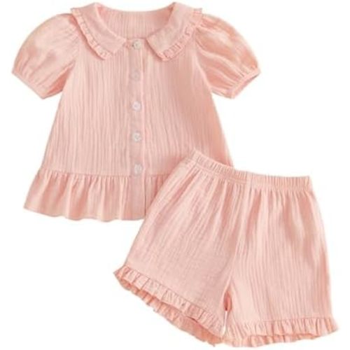 Baby Girl Button Down A-line Shirt Tops + Ruffled Shorts 2Pieces Clothes Set Cotton Gauze Solid Toddler Summer Outfit