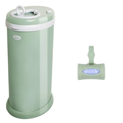 Ubbi Steel Diaper Pail & On-The-Go Diaper Bag Dispenser for Travel with Lavender-Scented Bags Baby Registry Must-Have Bundle, Sage Green