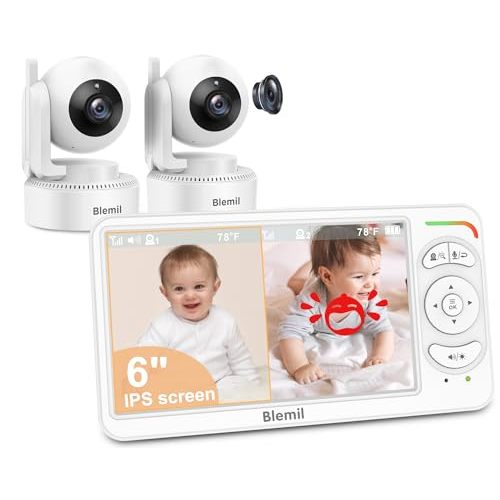 6" Baby Monitor with 2 Cameras and Audio 30 Hours Battery Upgrade Split Screen Video Baby Monitor Remote Pan-Tilt-Zoom 178°Wide-Angle 150 Languages No WiFi ECO 2-Way Talk Night Vision 1000ft Travel