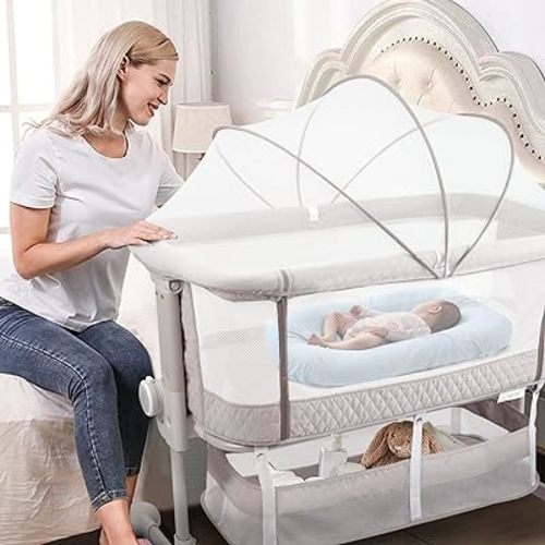 Baby Bassinet Bedside Sleeper, 3 in 1 Bedside Bassinet for Baby w/Soft Mattress, Breathable Mesh, Wheels and 6 Height Adjustable, Easy Folding Travel Bassinet, Safe Cosleeper Bedside Cr