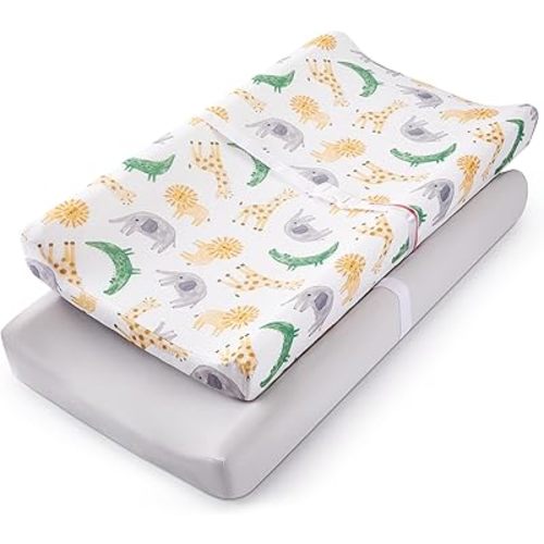 TILLYOU Baby Changing Pad Cover, Changing Table Cover for Girls Boys, Ultra Soft Breathable, 2 Pack African Steppe & Grey
