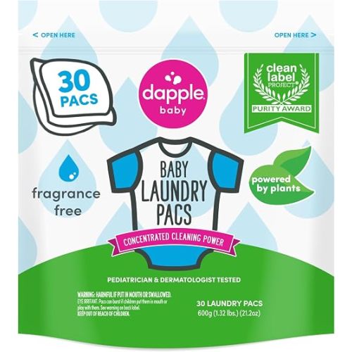 Dapple Baby Laundry Detergent Pacs - 30 Count - Fragrance-free Laundry Pods for Sensitive Skin - Plant-Powered Stain Remover - Newborn Essentials