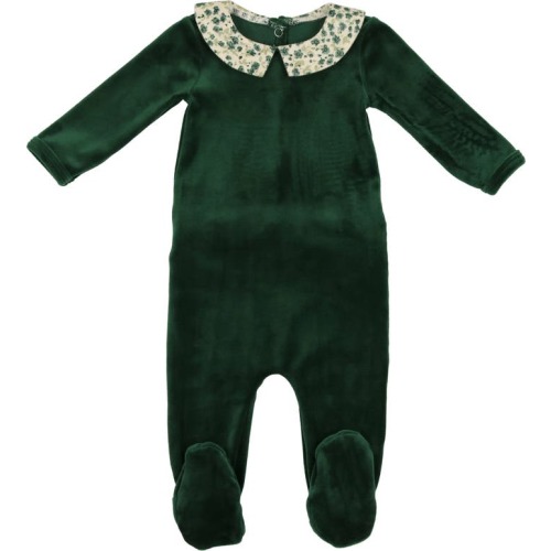 Baby Floral Collar Velour Footie, 3 M, Emerald