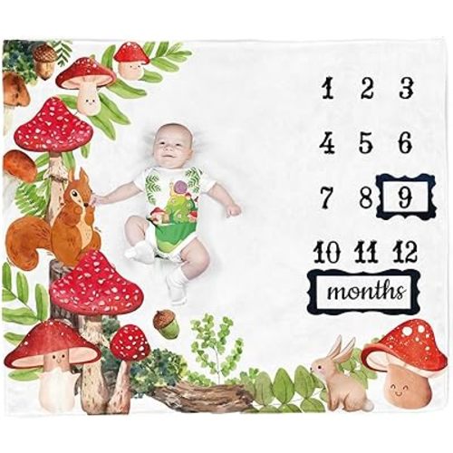 Mushroom Baby Stuff Woodland Squirrels Monthly Milestone Blanket - Newborn Photo Blanket with 2 Frames