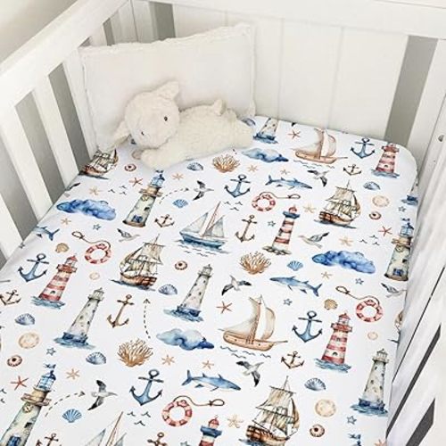 Watercolor Sailing Adventure Baby Crib Sheet 52''x28'' Nautical Life Lighthouse Boat Anchor Stretchy Fitted Crib Mattress Cover Boy Girl Beach Summer Baby Bed Sheet for Standard Crib Toddler Mattress