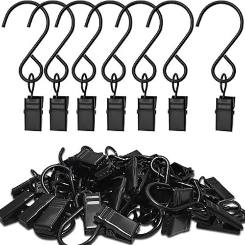 Stainless Steel S Hooks Curtain Clips, 50 Pack Hanging Party Lights Clips, Hangers Gutter Photo, Art Craft Display, 3 Inch Long, Black
