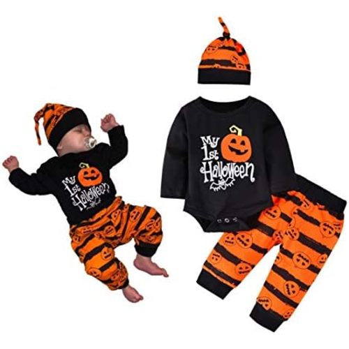 Newborn Baby Boy Clothes My First Halloween Pumpkin Romper Bodysuit Black Stripes Long Sleeve Pants Hat 3Pcs Outfits Set