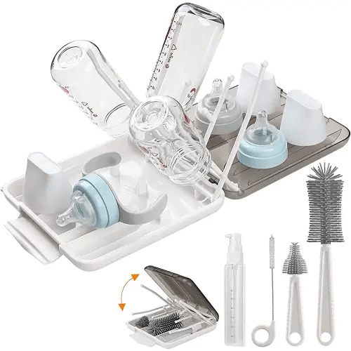 Baby Bottle Brush,6 in 1 Bottle Cleaner Brush Kit with Extendable Silicone Bottle Brush,Drying Rack,Nipple Brush,Straw Brush,Soap Dispenser & Organizer Case,Ideal Gifts for Babies& Moms-White
