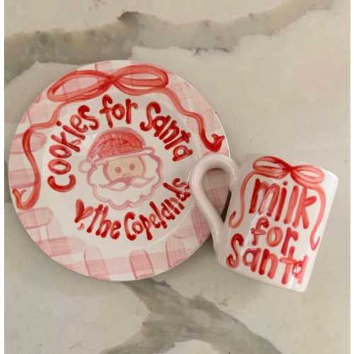 Pink and Red Gingham and Ribbon Cookies and milk for Santa personalized plate & mug / Christmas Plate