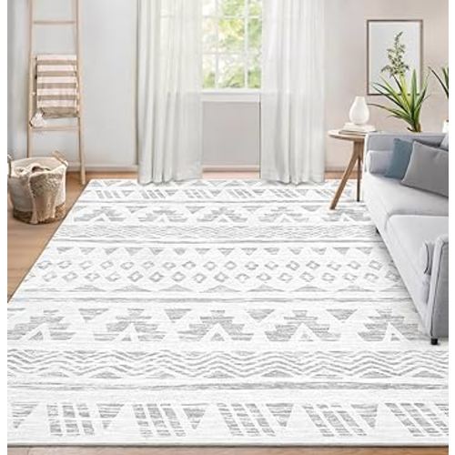 Area Rug Living Room Carpet: 8x10 Large Moroccan Soft Fluffy Geometric Washable Bedroom Rugs Dining Room Home Office Nursery Low Pile Decor Under Kitchen Table Light Gray