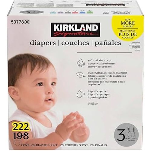 Kirkland Signature Diapers, Size 3 (16-28 Pounds), 222 Count