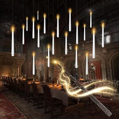 Flameless Floating Candles with Wand,20 Pcs Magic LED Hanging Taper Candles,Flickering Battery Operated Taper Candle with Wand Remote for Halloween Decorations Best Gift(White)