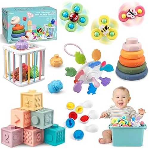 6 in 1 Baby Toys 6 to 12 Months, Montessori Toy for Toddlers 1-3, Infant Teething Babies Toy Stacking Blocks Rings Pull String Toy Sorter Sensory Bin