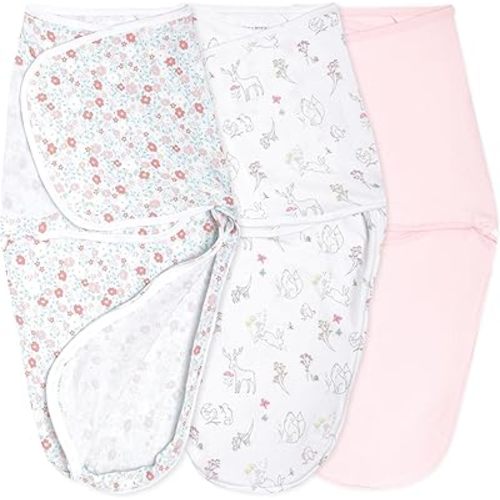 aden + anais Essentials Easy Swaddle Wrap Quick Change with Bottom Zipper, Snug Cotton Knit Baby Wrap Swaddle Blanket for Newborns, TOG 1.0, 3-Pack, Fairy Tale Flowers, 0-3 Months, Small/Medium