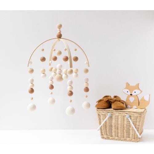 Cream and Beige Baby Mobile - Gender Neutral Felt Pom Pom Crib Mobile - Tan Minimalist Boho Nursery Cot Mobile -Natural Ceiling Mobile Decor